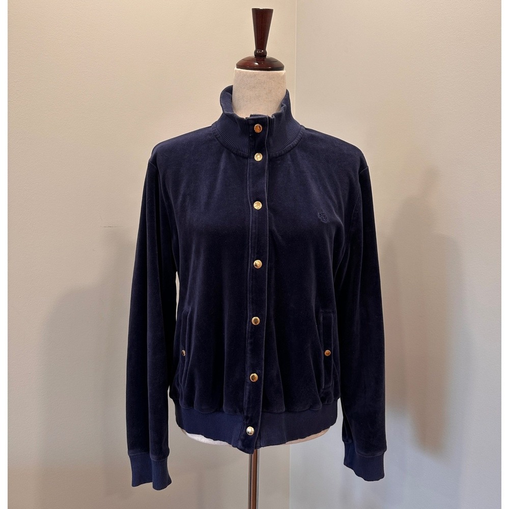 LRL Ralph Lauren Navy Velvet Track Jacket Sz XL Gold Snaps Vintage Y2K City Chic - Picture 2 of 13